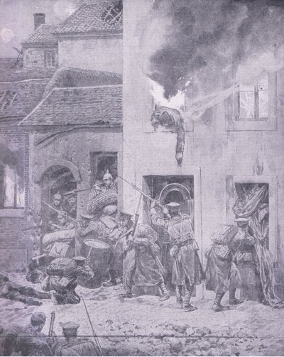 敵との戦い：ウェーバーリーブック社（1920年頃発行）の大戦争の歴史第3巻から、イープルでの家々の戦い 作： Richard Caton Woodville