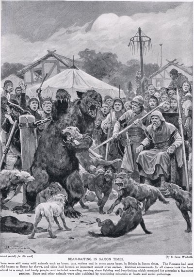 1920年頃の「ハチソンのイギリス国民の物語」より、サクソン時代のクマの餌食 作： Richard Caton Woodville