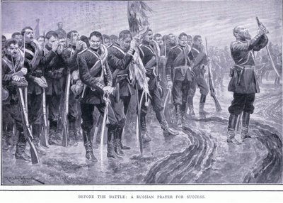 戦闘前：ロシアの成功を祈る、カッセルの日露戦争の歴史第1巻、1900年 作： Richard Caton Woodville