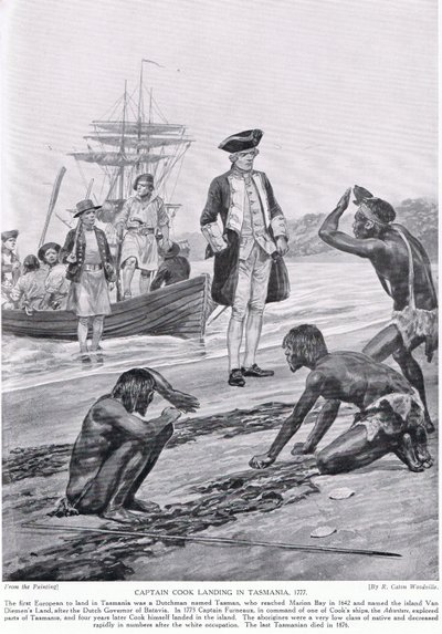キャプテンクックがタスマニアに上陸、1777年、「ハッチンソンのイギリス国民の物語」、1923年頃のイラスト 作： Richard Caton Woodville