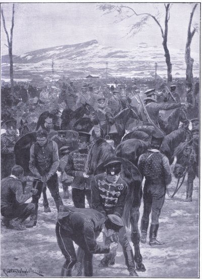 ソウルでの日本騎兵の野営地：作業中の蹄鉄工、カッセルの日露戦争第1巻のイラスト、1900年頃 作： Richard Caton Woodville