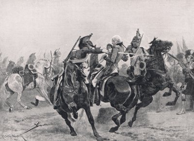 1910年頃、ロンドンのカッセルから出版された「陸と海でのイギリスの戦い」のイラスト、フランスの竜騎士団によるラルフアバクロンビーへの攻撃 作： Richard Caton Woodville