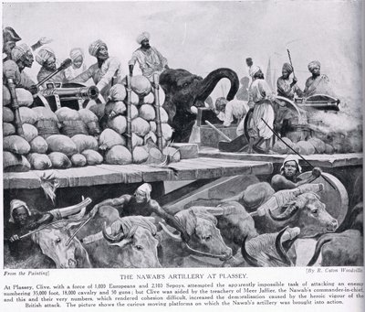プラッセイでのナワブの大砲、「ハッチンソンのイギリス国民の物語」、1923年頃のイラスト 作： Richard Caton Woodville