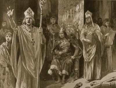 1199年5月27日、昇天の日、ジョンの戴冠式でカンタベリー大司教、ヒューバートウォルターの礼拝 作： Richard Caton Woodville