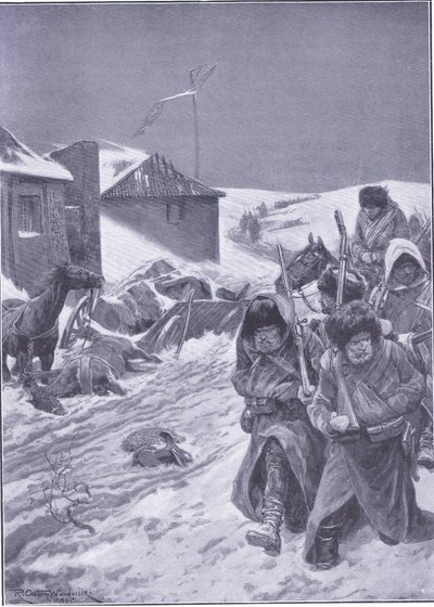 終わりのない東への行進：途中で見慣れた光景、キャッセルズ日露戦争の歴史Vol。1、1900年頃のイラスト 作： Richard Caton Woodville