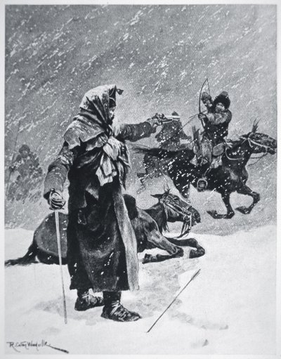 1812年、ロシアから撤退するナポレオン軍を追い詰めるトルコ・バシキールのコサックアーチャーたち（カラーリトグラフ 作： Richard Caton Woodville