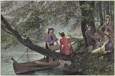 川のピクニック（カラー彫刻） 作： Richard Caton Woodville junior