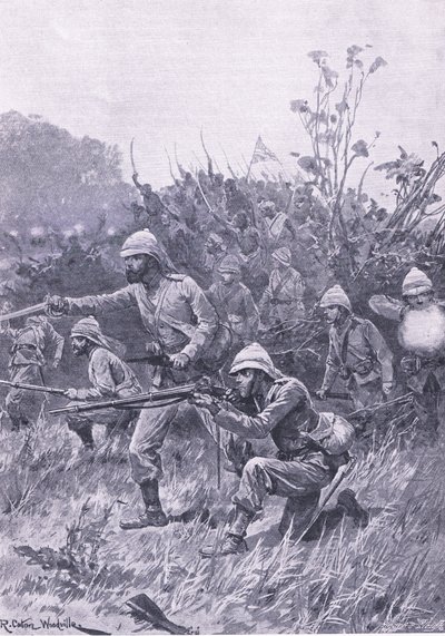 1873年のアシャンティキャンペーンにおけるイギリス軍の前進、陸と海でのイギリスの戦い、1915年の図解 作： Richard Caton Woodville junior