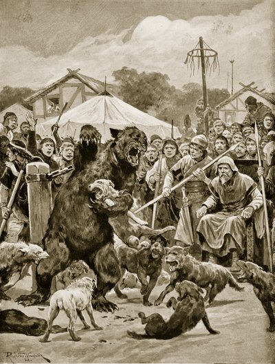 サクソンタイムズでのクマの餌、「ハッチンソンのイギリス国民の物語」、1920年頃のイラスト 作： Richard Caton Woodville junior