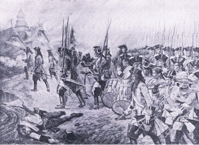 ブレナム、1704年8月13日：村の嵐、1915年の陸と海でのイギリスの戦いのイラスト 作： Richard Caton Woodville junior