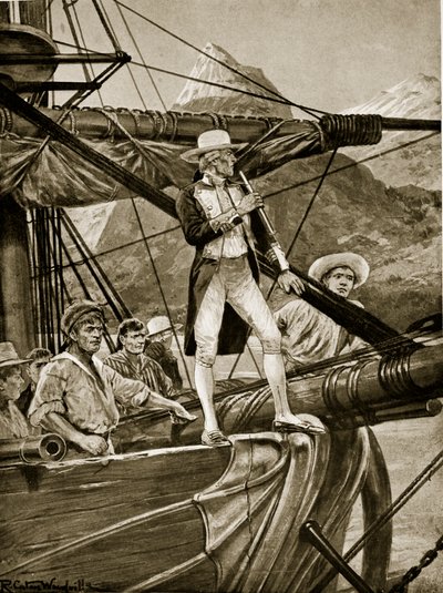 ニュージーランドに近づくキャプテンクック、「ハッチンソンのイギリス国民の物語」、1923年頃のイラスト 作： Richard Caton Woodville junior