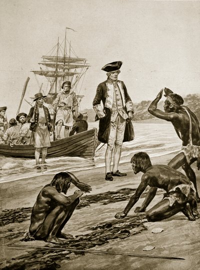 キャプテンクックがタスマニアに上陸、1777年、「ハッチンソンのイギリス国民の物語」、1923年頃のイラスト 作： Richard Caton Woodville junior