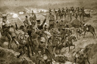 タラベラでの竜騎兵の任務、「ハッチンソンのイギリス国民の物語」、1923年頃のイラスト 作： Richard Caton Woodville junior