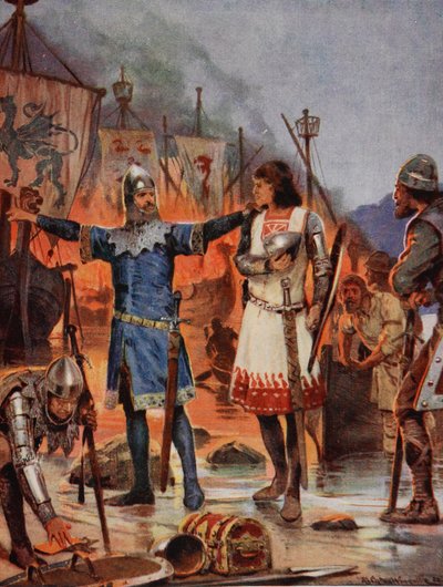フィッツステファンはボートを燃やす、1169、「ハッチンソンのイギリス国民の物語」、1923年頃のイラスト 作： Richard Caton Woodville junior