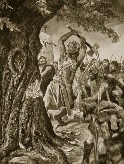 982年にミュンスターの戴冠式木を伐採するマラキ、「ハッチンソンのイギリス国民の物語」、1923年頃 作： Richard Caton Woodville junior