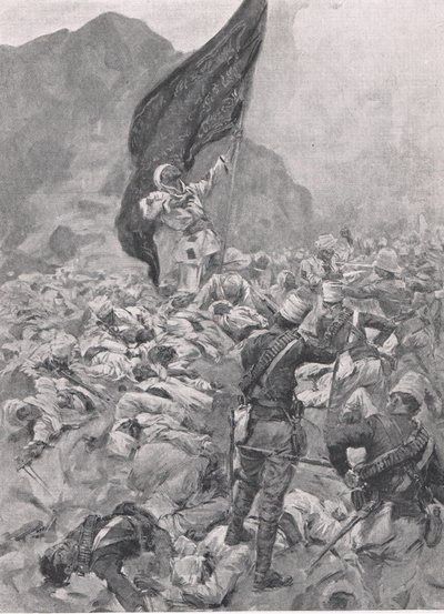 オムドゥルマン：1898年9月2日、黒旗の最後の旗手、陸と海でのイギリスの戦い、1915年のイラスト 作： Richard Caton Woodville junior