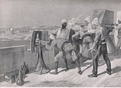 ナイル川を上る途中：ダービッシュでの発砲、陸と海でのイギリスの戦いのイラスト、1915 作： Richard Caton Woodville junior