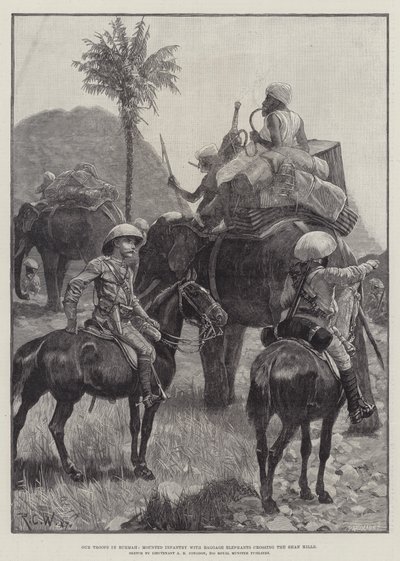 Burmahにいる私たちの部隊、Shan Hillsを横切る手荷物象の乗った歩兵 作： Richard Caton Woodville junior