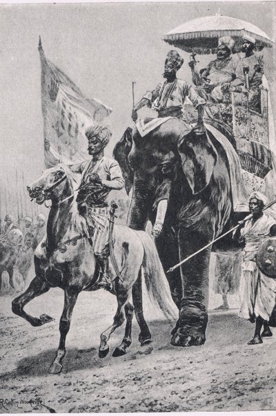1757年6月23日、プレッシーでのスラジウッダウラ、陸と海でのイギリスの戦い、1915年のイラスト 作： Richard Caton Woodville junior