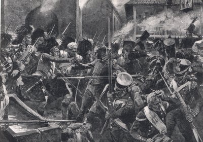エルヴィナからフランス人を駆逐する42人目のハイランダー、「陸と海のイギリスの戦い」のイラスト、ロンドン、カッセル発行、1910年 作： Richard Caton Woodville junior