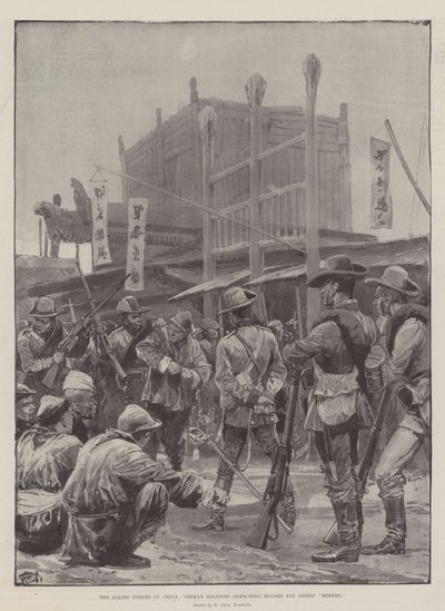 中国の連合軍、武装ボクサーの家を探しているドイツの兵士 作： Richard Caton Woodville junior