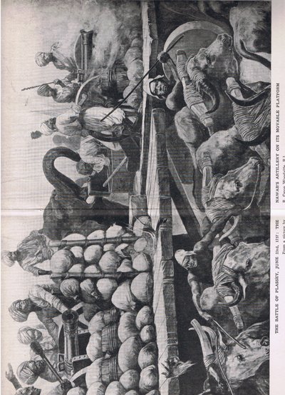 プレッシーの戦い1757年6月23日：可動式プラットフォーム上のナワブス砲、1915年の陸と海でのイギリスの戦いのイラスト 作： Richard Caton Woodville junior