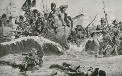 イギリス軍はフランスのバッテリーに直面してアブキール湾に上陸を強制する 作： Richard Caton Woodville junior