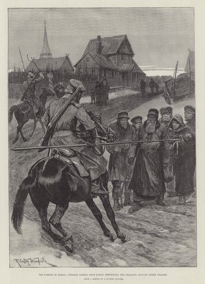 ロシアの飢饉、カザン近くのコサックパトロール、農民が村を去るのを防ぐ 作： Richard Caton Woodville junior