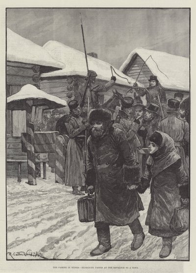 ロシアの飢饉、町への入り口でパスを調べる 作： Richard Caton Woodville junior