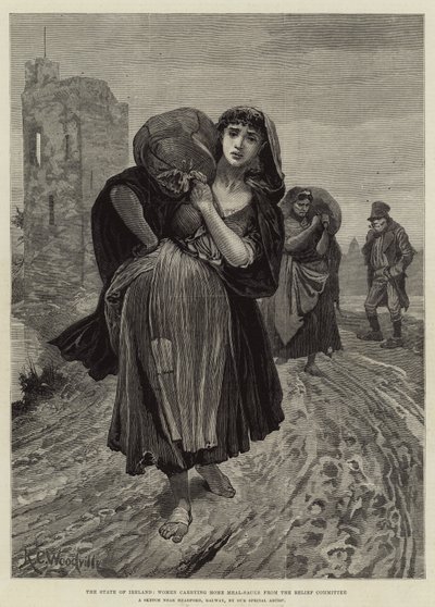 アイルランド国、救援委員会から家庭用ミール袋を運ぶ女性 作： Richard Caton Woodville junior