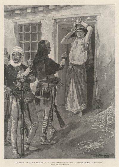 セルビアの家で武器と弾薬を要求するアルバニア人、Turco-Servian Frontierの問題 作： Richard Caton Woodville junior