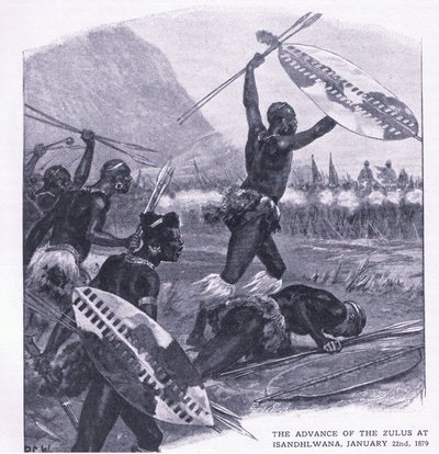 1879年1月22日のイサンドルワナでのズールスの前進、1915年の陸と海でのイギリスの戦いのイラスト 作： Richard Caton Woodville junior