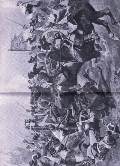 1706年5月3日、ラミーユの戦いでの騎兵の戦い、陸と海でのイギリスの戦い、1915年のイラスト 作： Richard Caton Woodville junior
