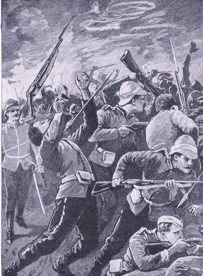 ロークスドリフトの防御、陸と海でのイギリスの戦いのイラスト、1915 作： Richard Caton Woodville junior