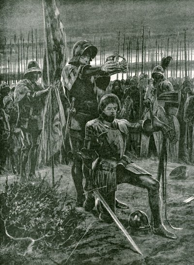1485年8月22日、ボスワースの戦場でのスタンリー卿によるヘンリー7世の非公式の戴冠式 作： Richard Caton Woodville junior