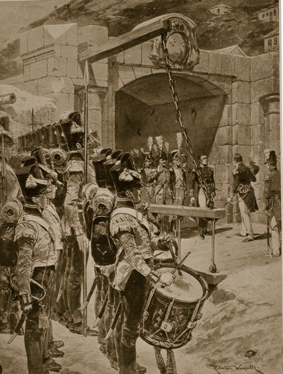 1810年のモーリシャス島のイギリスへの降伏、「ハッチンソンのイギリス国民の物語」、1923年頃のイラスト 作： Richard Caton Woodville junior