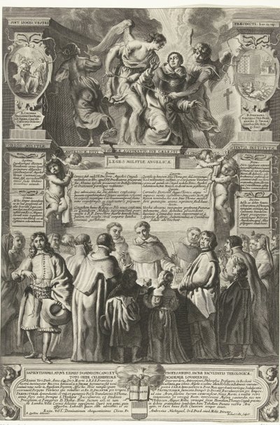1649年、トーマス・アクィナスの民兵アンジェリカの設置 Angelic Militiaの起源、神聖なThomas Aquinas。 彼の純潔の天のベルトの下で、制定された（オブジェクトのタイトル） 作： Richard Collin