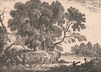 Paisagem com grupo de árvores cercadas por água, chalé à esquerda, mulher sentada à direita em primeiro plano 作： Richard Cooper the Elder