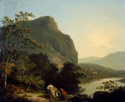 「湖のある古典的な風景」、1788 作： Richard Corbould