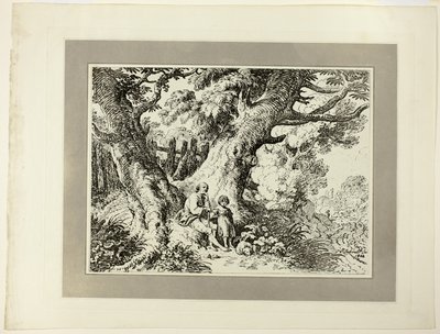 ポリオートグラフィーの標本の創刊号からの老人、少女、犬のいる古い木 作： Richard Corbould