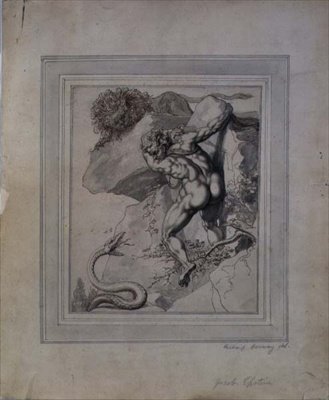 ライオンと蛇の間に挟まれた男」 1790年頃 紙にペンと茶色のインク、灰色のウォッシュ 作： Richard Cosway
