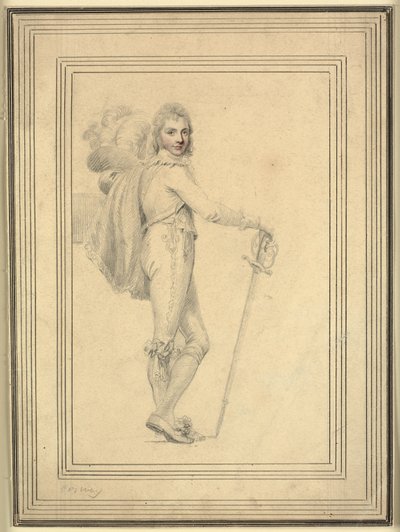片手に剣、もう一方の手に羽毛の帽子を持った紳士の全身肖像画 作： Richard Cosway