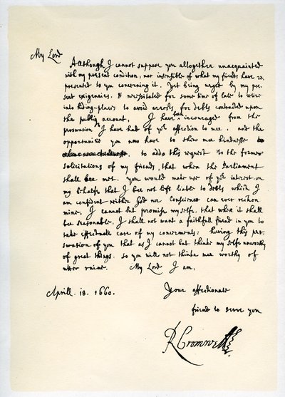 守護神、リチャードクロムウェルからジョージモンク将軍への1660年4月18日の手紙。 作： Richard Cromwell