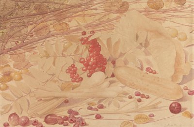 グーズベリー、ラズベリー、レッドカラント、スプリングオニオン、ガーキン、葉のある静物 作： Richard Dadd