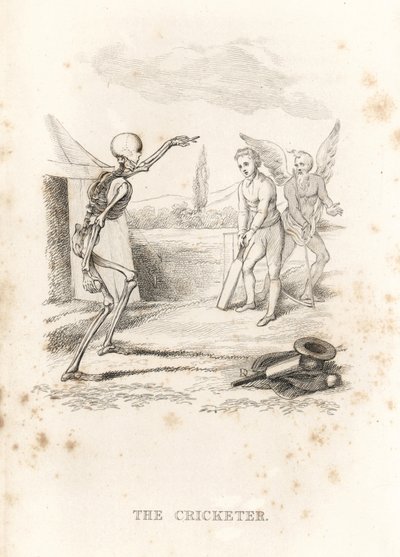 死の骸骨が打席でクリケット選手にボールを投げる.1827 年 (彫刻) 作： Richard Dagley