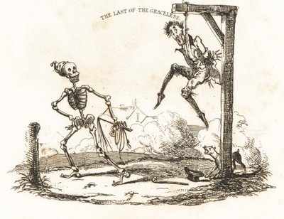 骸骨と絞首刑にぶら下がっている男のビネット、1827年（彫刻） 作： リチャード・ダグリー