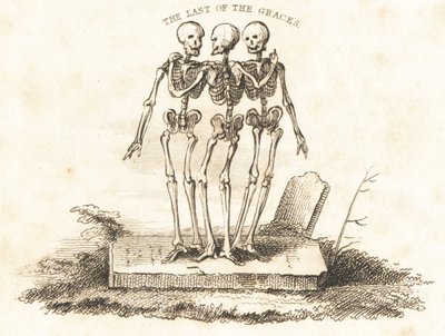 墓石の上の 3 つのスケルトンのビネット、1827 年 (彫刻) 作： リチャード・ダグリー