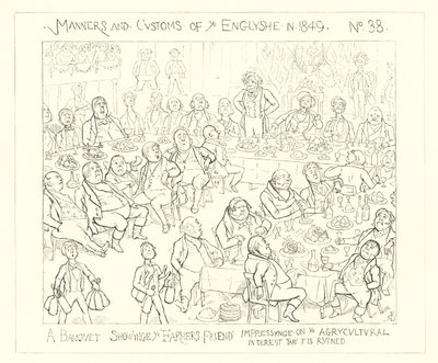 1849年、農民の友人が農業の利益に感銘を与え、破壊されたことを示す宴会 作： Richard Doyle