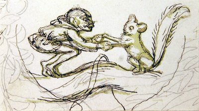 ゴブリンとリス (紙にペン、鉛筆、ウォッシュ) 作： Richard Doyle