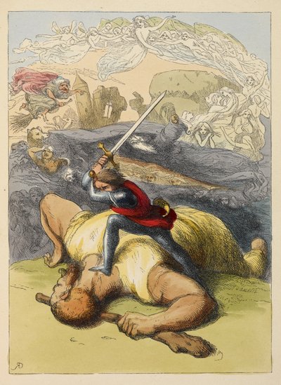 巨人の体の上に立ち、剣を構えるジャック。 児童書のカラーイラスト。 作： Richard Doyle